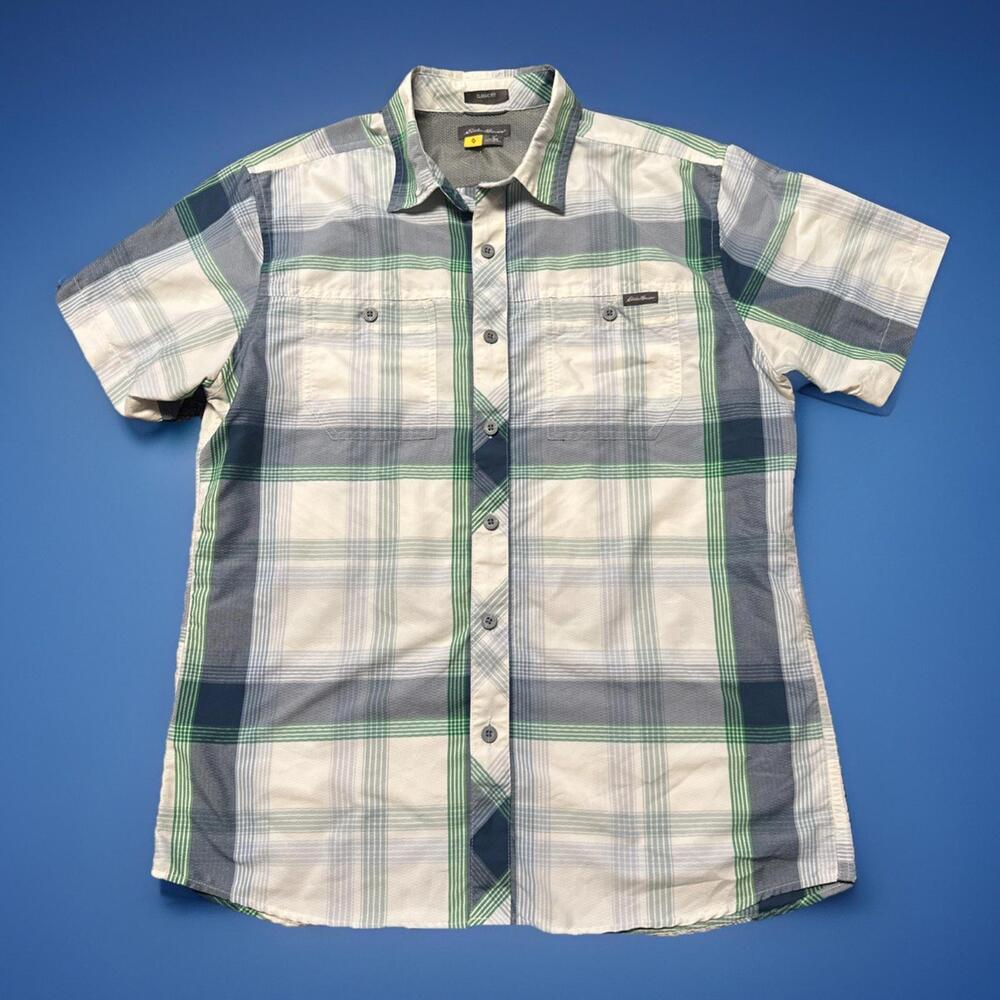 Eddie Bauer Shirt Mens Medium Green Plaid Travex Performance Button Up Collared